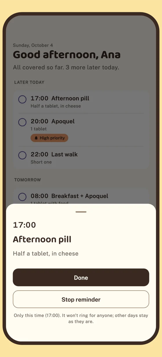 Ana's phone at 16:55: Samebell's Today screen with the 17:00 Afternoon pill open, and the buttons Done and Stop reminder.