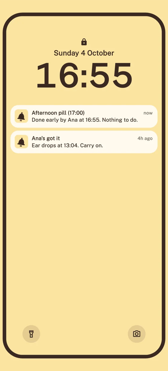 Sam's lock screen at 16:55 with a Samebell notice: Afternoon pill (17:00). Done early by Ana at 16:55. Nothing to do. Below it, an earlier one: Ana's got it. Ear drops at 13:04. Carry on.