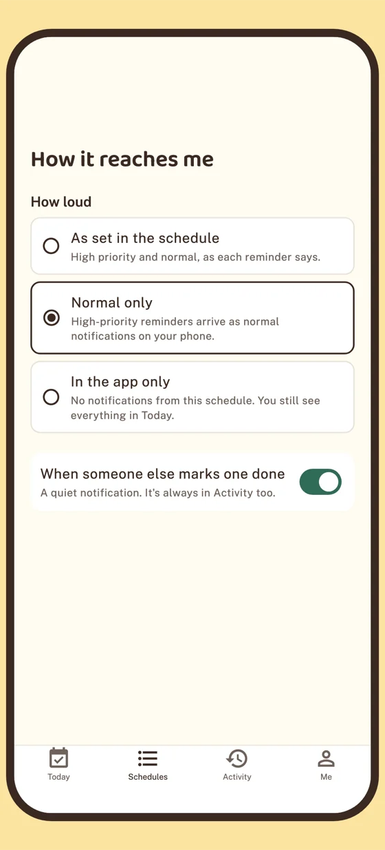 The How it reaches me screen for Nala on Ana's phone, with Normal only selected: high-priority reminders arrive as normal notifications on her phone.