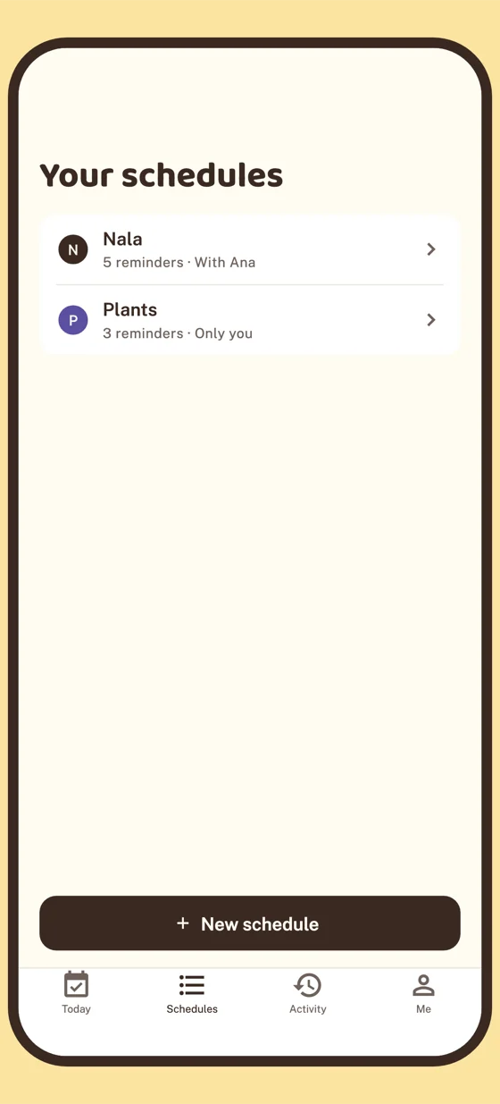 The Schedules screen: Nala, 5 reminders, with Ana. Plants, 3 reminders, only you.