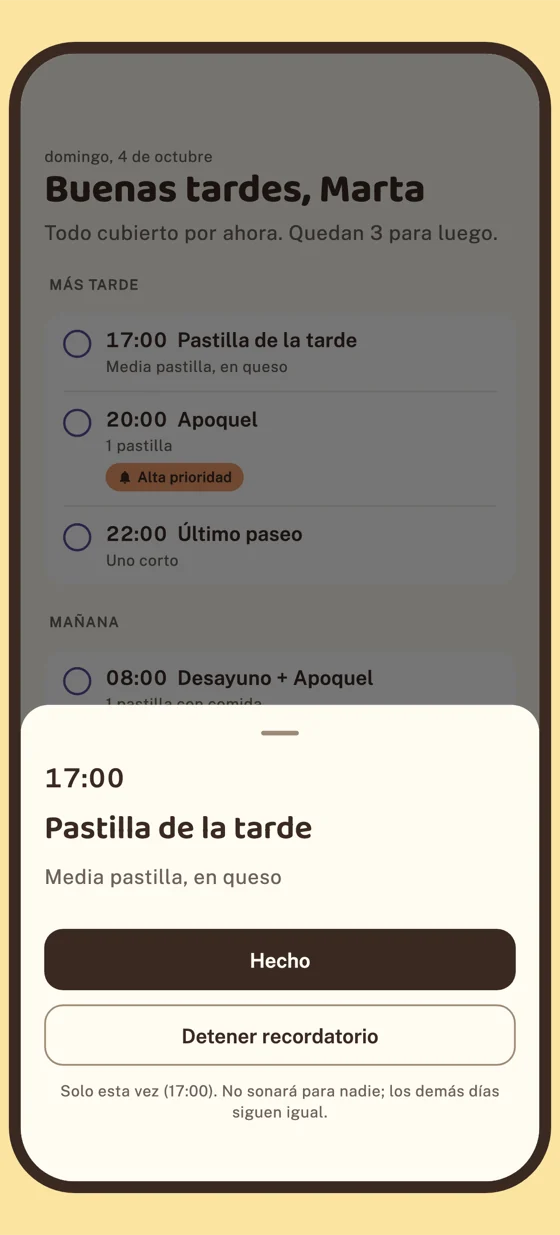 El móvil de Marta a las 16:55: la pantalla Hoy de Samebell con la Pastilla de la tarde de las 17:00 abierta, y los botones Hecho y Detener recordatorio.